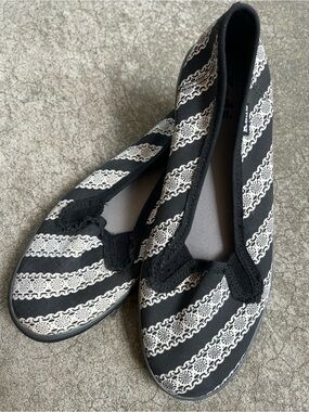 Keds Black and White Lace-Stripe Slip-On Flats